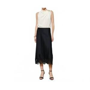 NEW INA FASHION silky lace hemmed midi skirt in black